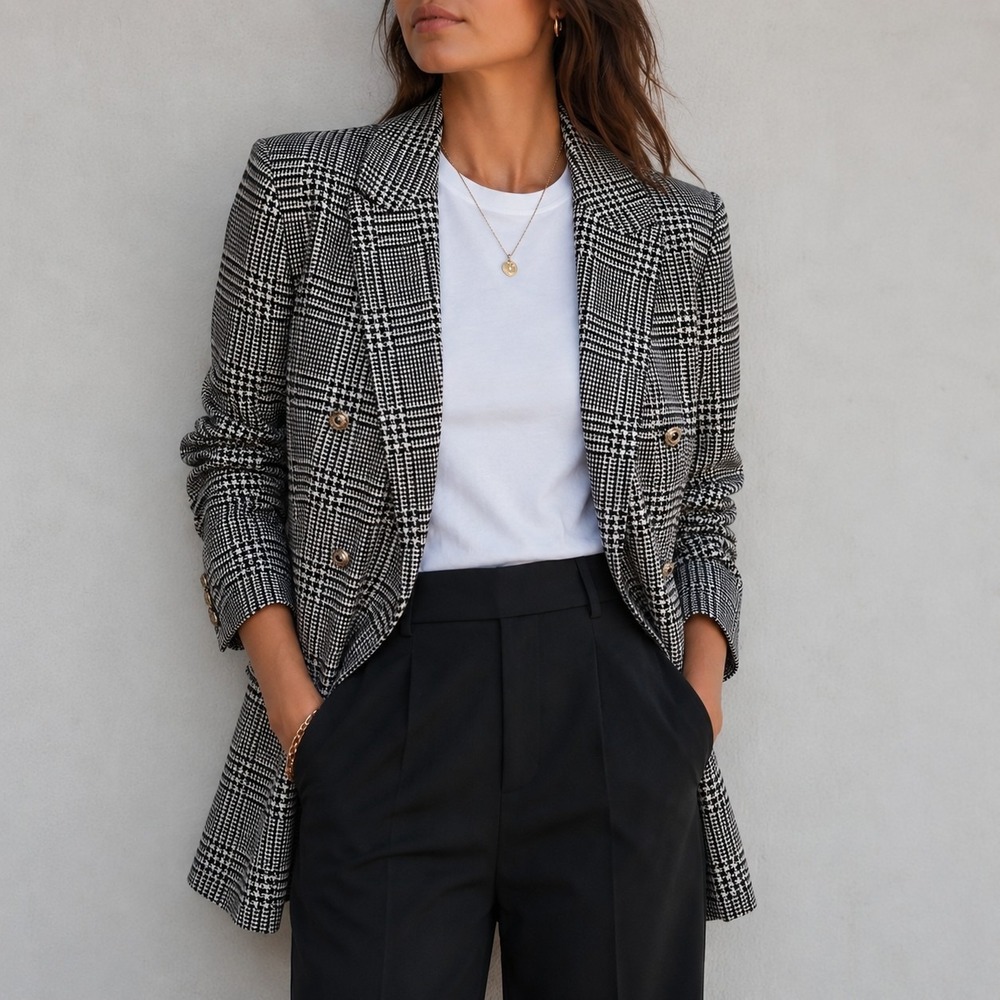 Doncaster Silks Blazer Size 16 Black Ivory Houndstooth Silk Jacket Lined Vintage